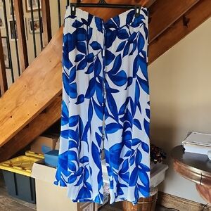 Blue Leaf Print Women's Wide Leg Pants